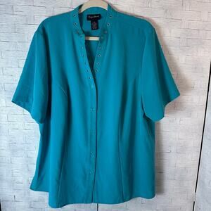 Maggie Barnes women's blouse teal button up round color western electric grandma